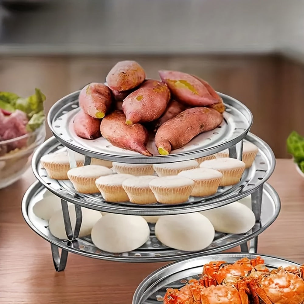 Stainless Steel Steamer Rack Set 3-Piece Multi-Layer Round Steamer Insert with Can Holder, Fits Most Pots for Home Kitchen