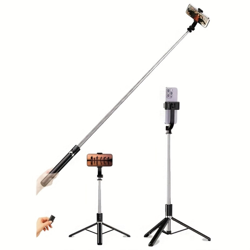 66.9-Inch Selfie Stick Tripod with Telescoping Silver Pole, Wide Black Floor Base and Remote