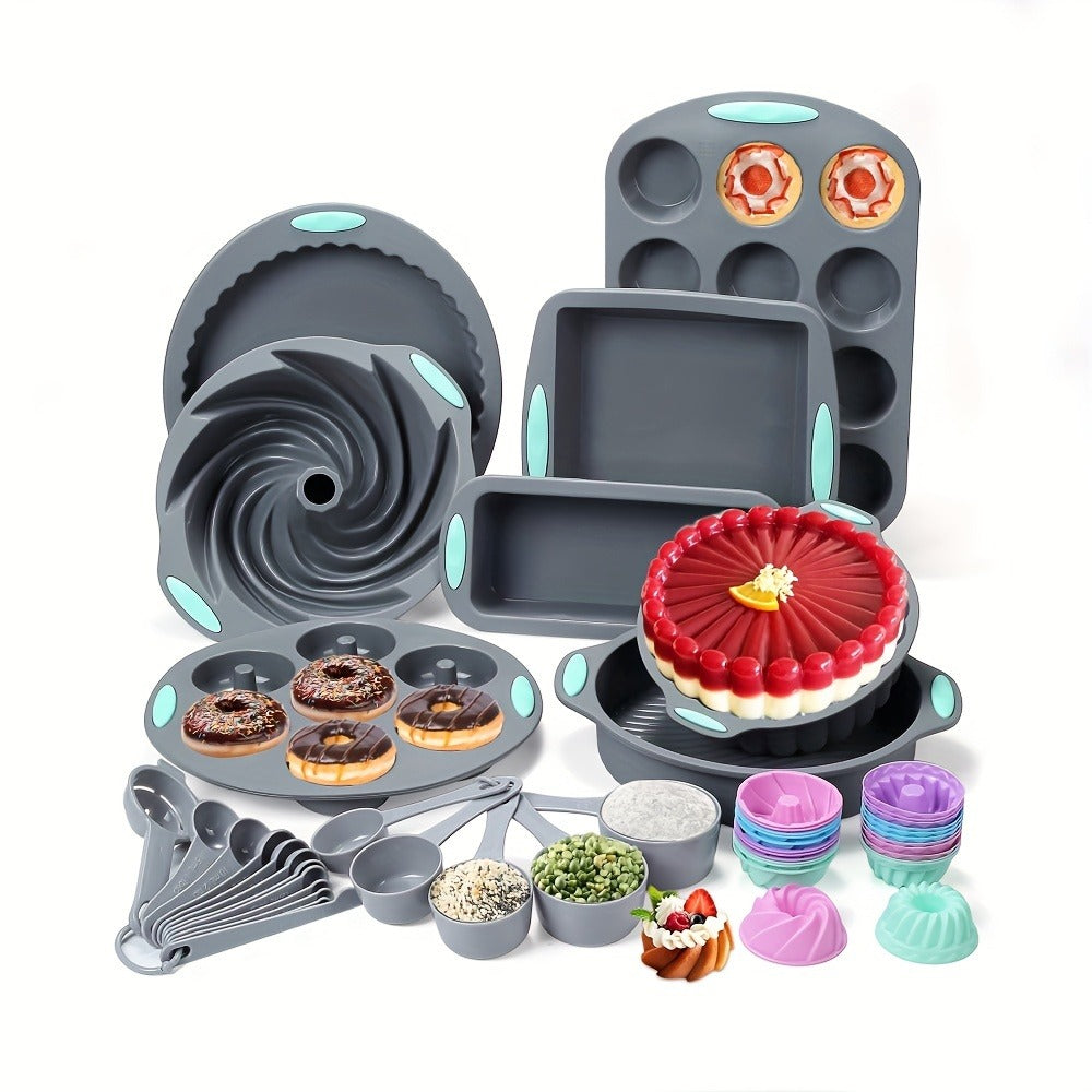 Silicone Bakeware Set with Cake Molds, Muffin Pan, Donut Pan, Baking Sheet, Baking Cups & Measuring Cups Spoons