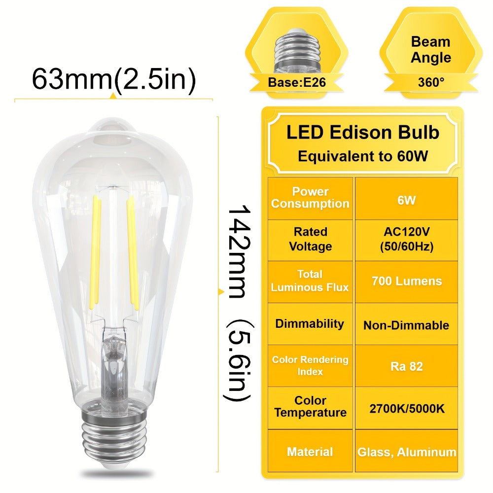 LED Edison Bulbs ST64 6 Pack 6W 60W Equivalent - E26 Vintage Filament Globe Bulb 700LM Flicker-Free Non-Dimmable