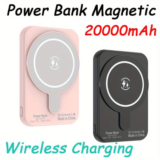 20000mAh Magnetic Wireless Power Bank with Lower-Edge Wired Ports, Side Button and Black or Pink Finish
