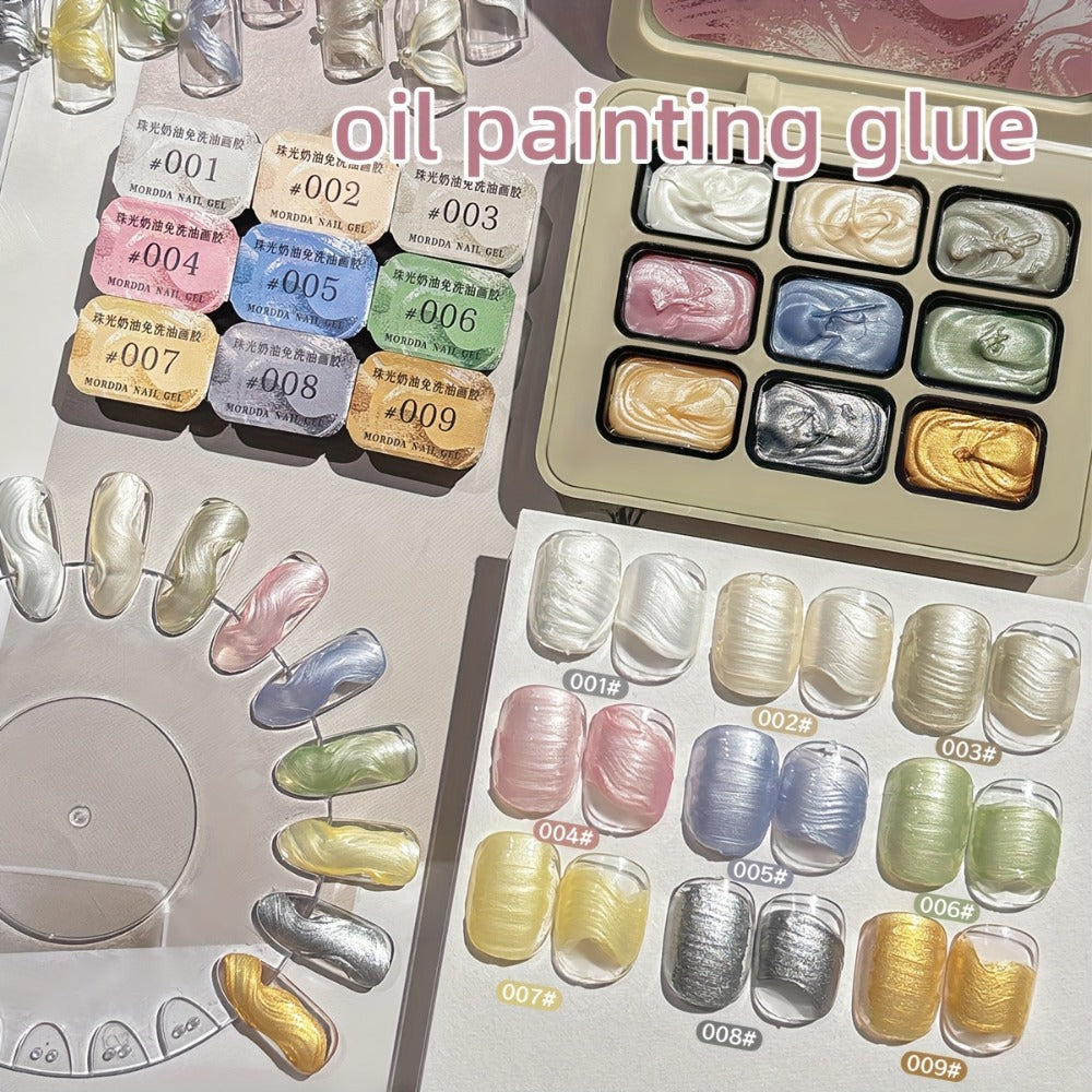 Pearlescent Nail Gel 9-Grid Shell Shimmer Mother of Pearl Cream Oil Painting Gel Polish Set – Multicolor Glitter Iridescent Spiral Design