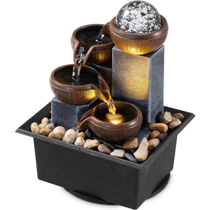 Tabletop Water Fountain Indoor, 4-Level Desktop Waterfall with LED Lights & Natural River Stones