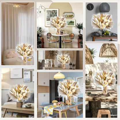 Dried Flower Bouquet Pampas Grass with Artificial White Beige Roses 51 91pcs Boho Dried for Entryways, Bedrooms and Living Spaces