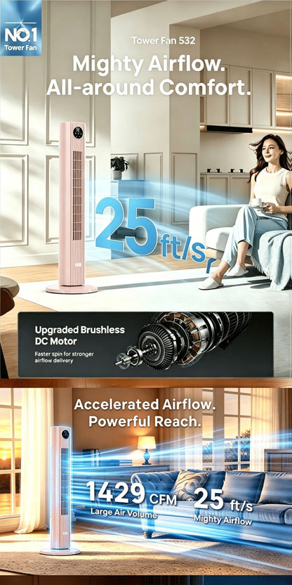 Tower Fan 35-Inch Bladeless 85° Oscillating Standing Floor Fan 3-Speed Quiet Cooling with 12H Timer for Bedroom Office Living Room Home
