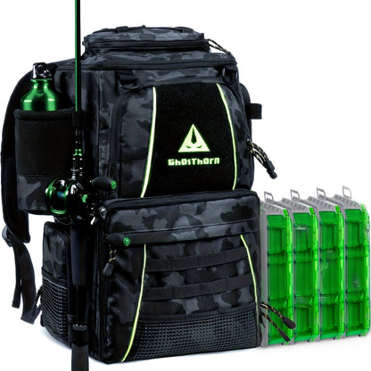 Large Fishing Tackle Bag with 4 Tackle Boxes – 43L Backpack with Rod Holder, Detachable Waist Pack & Gear Storage for Men Women | Black