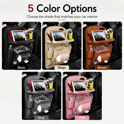 One-Piece Seatback Car Organizer with Fold-Down Tray, Cup Recesses, Mesh Pockets and Four Colors