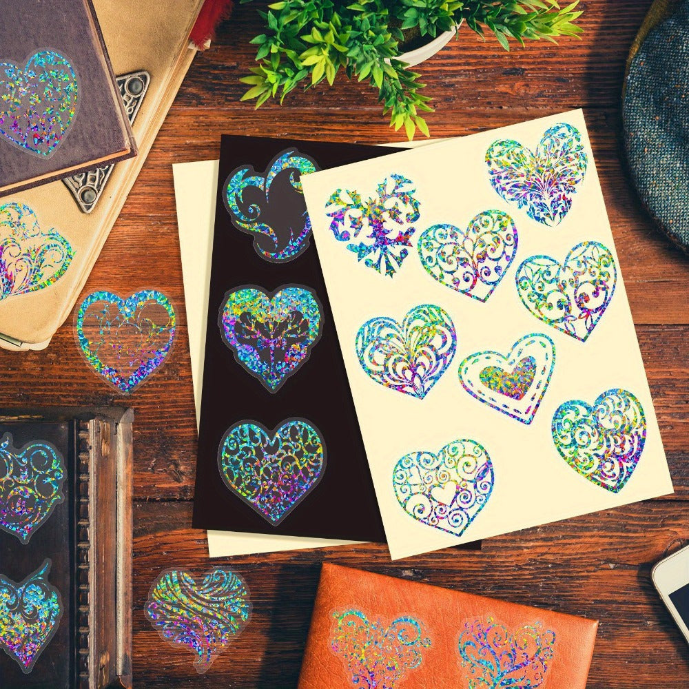 Holographic Heart Stickers 50pcs Laser Sparkling Love Decals for Laptop Phone Water Bottle Guitar Car Luggage