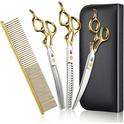 Curved Dog Grooming Shears Set 7 Inch – 440C Stainless Steel Curved Scissors Thinning Chunker Comb Ergonomic Handle Professional Pet
