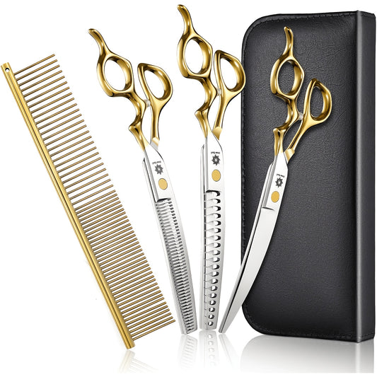 Curved Dog Grooming Shears Set 7 Inch – 440C Stainless Steel Curved Scissors Thinning Chunker Comb Ergonomic Handle Professional Pet
