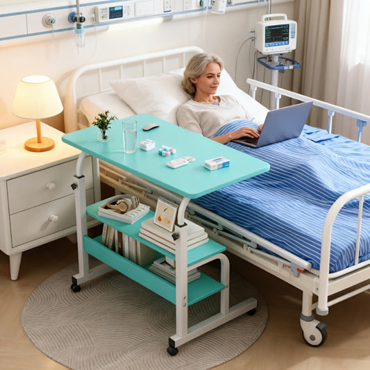 Adjustable Overbed Table with Rolling Shelf Frame and Six Color Checkout Options from Burlap to Deep Glacier