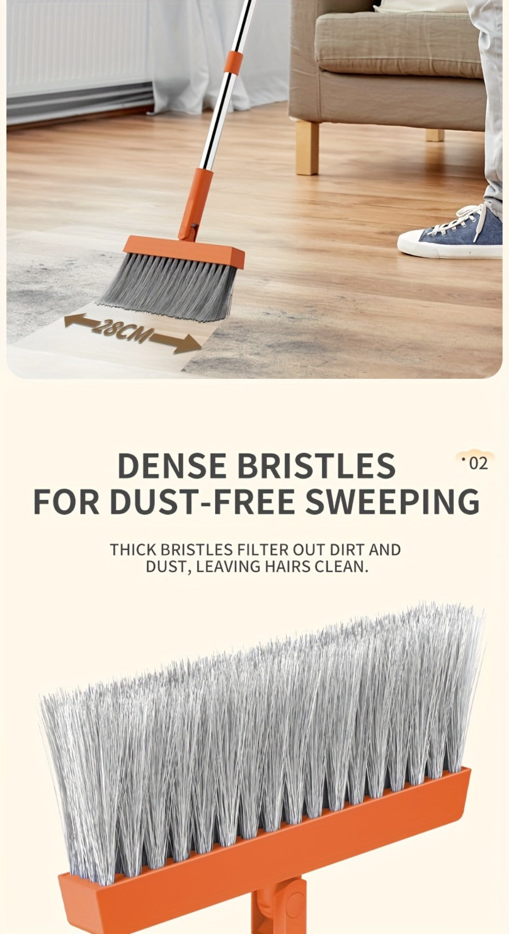 Folding Broom and Dustpan Set with Sectioned Handle, Rotating Head and Nine Blue, Orange or Khaki Checkout Options