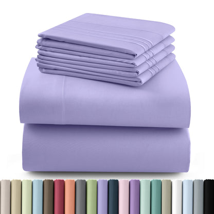Fitted Sheet Set 6-Piece Brushed Polyester Deep Pocket Bed Sheets 20 Colors Hotel Luxury Bedding with Embroidered Pillowcases