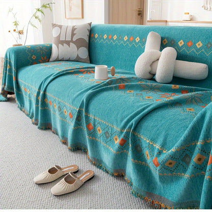 Sofa Cover Bohemian Embroidered Chenille Knit Throw with No Padding in Four Sizes and Five Colors