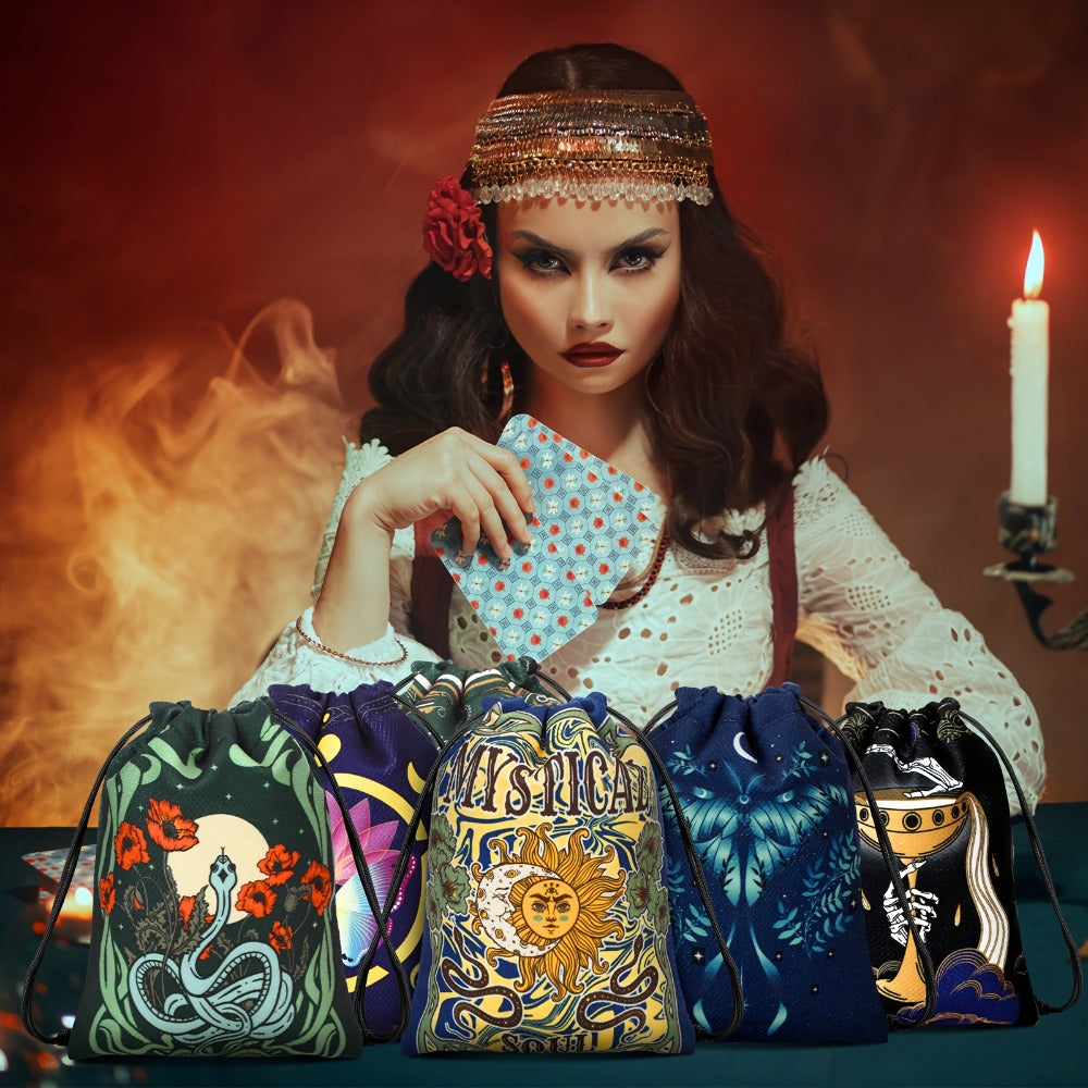 Velvet Tarot Card Bags 16 Pcs Mystical Drawstring Pouches 7.1x5.9 Inch – Dice Jewelry Storage Bag Set for Tarot Enthusiasts