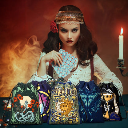 Velvet Tarot Card Bags 16 Pcs Mystical Drawstring Pouches 7.1x5.9 Inch – Dice Jewelry Storage Bag Set for Tarot Enthusiasts