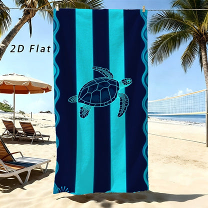 Sea Turtle Beach Towel, Blue Striped Nautical Print, Microfiber, Stylized Wave Pattern, Ideal for Beach Trips