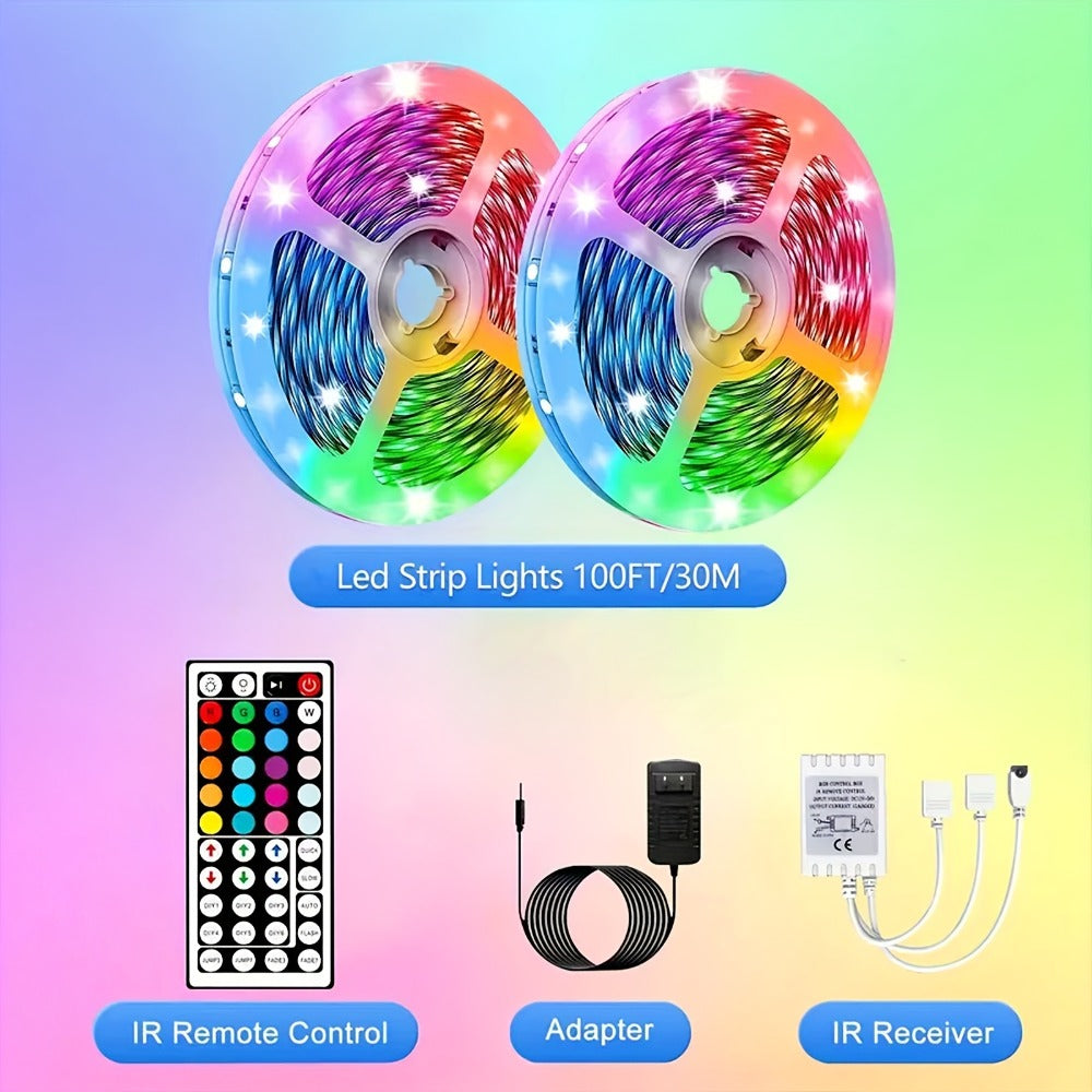 LED Strip Light RGB 100ft Two-Roll Kit with 44-Key Remote, Included Power Supply and Adhesive Backing