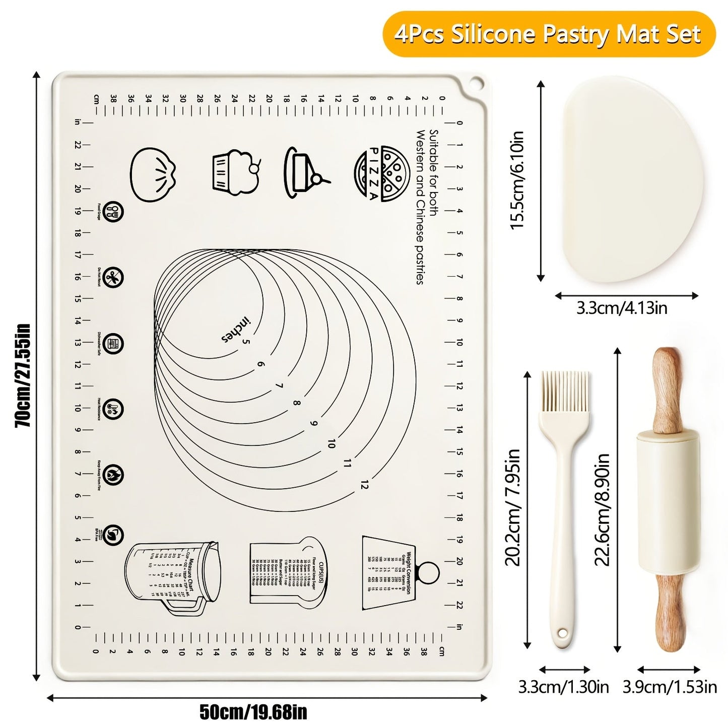 Silicone Baking Mat Set 4pcs, Extra Thick Non-Stick Pastry Mat with Measurement Scales, Non-Slip Dough Kneading Mat, Includes Rolling Pin