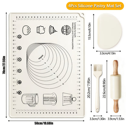 Silicone Baking Mat Set 4pcs, Extra Thick Non-Stick Pastry Mat with Measurement Scales, Non-Slip Dough Kneading Mat, Includes Rolling Pin