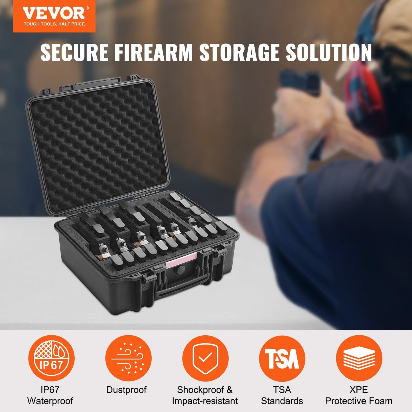 Hard Pistol Case IP67 Waterproof – TSA Approved Lockable Handgun Case with XPE Pre-Cut Foam Lining, Pressure Release Valve & Dual Padlock