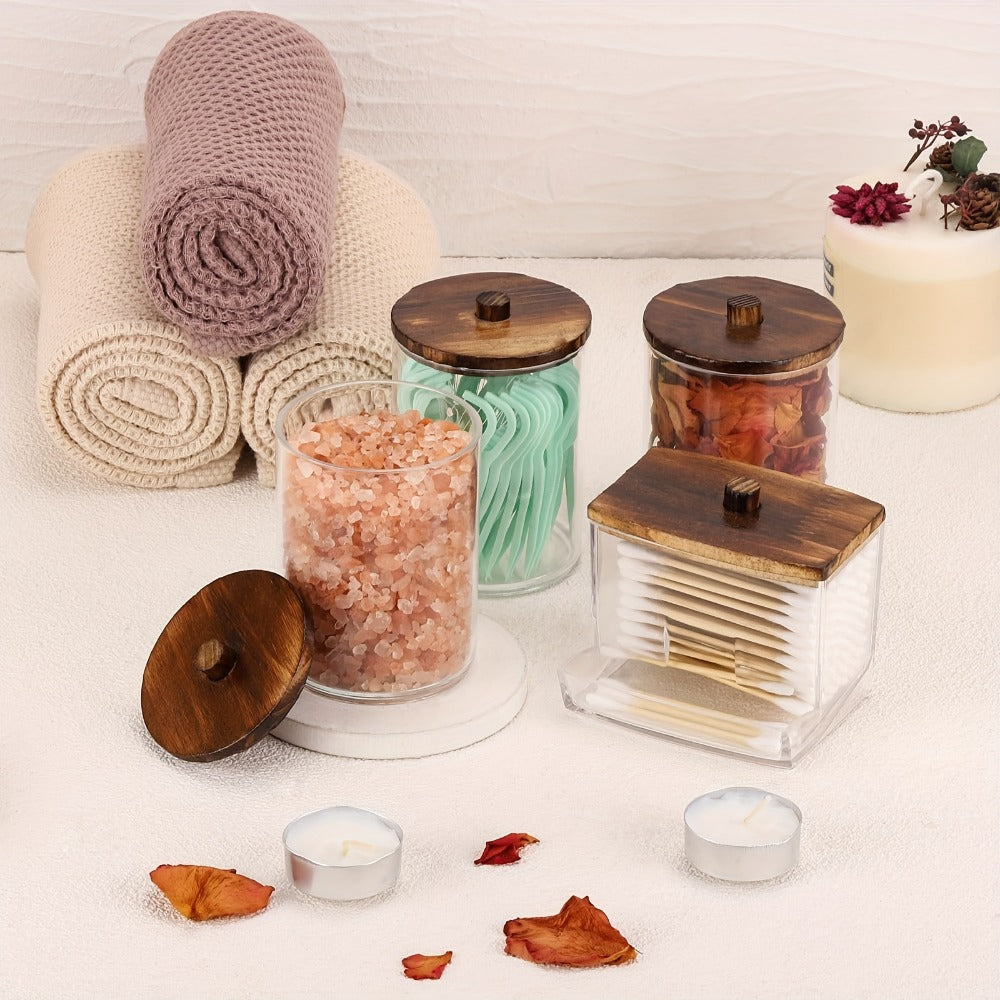 Three-Jar Clear Glass Storage Set with Two Round Jars, One Square Jar and Dark Bamboo-Look Lids