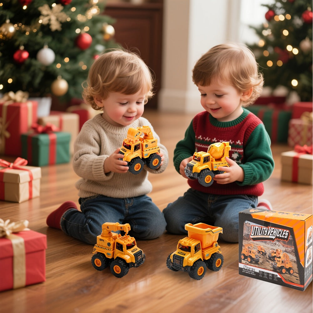 4-Piece Construction Truck Set for Kids, Excavator Dump Truck Crane Cement Mixer Sandbox STEM Engineering Vehicle Playset