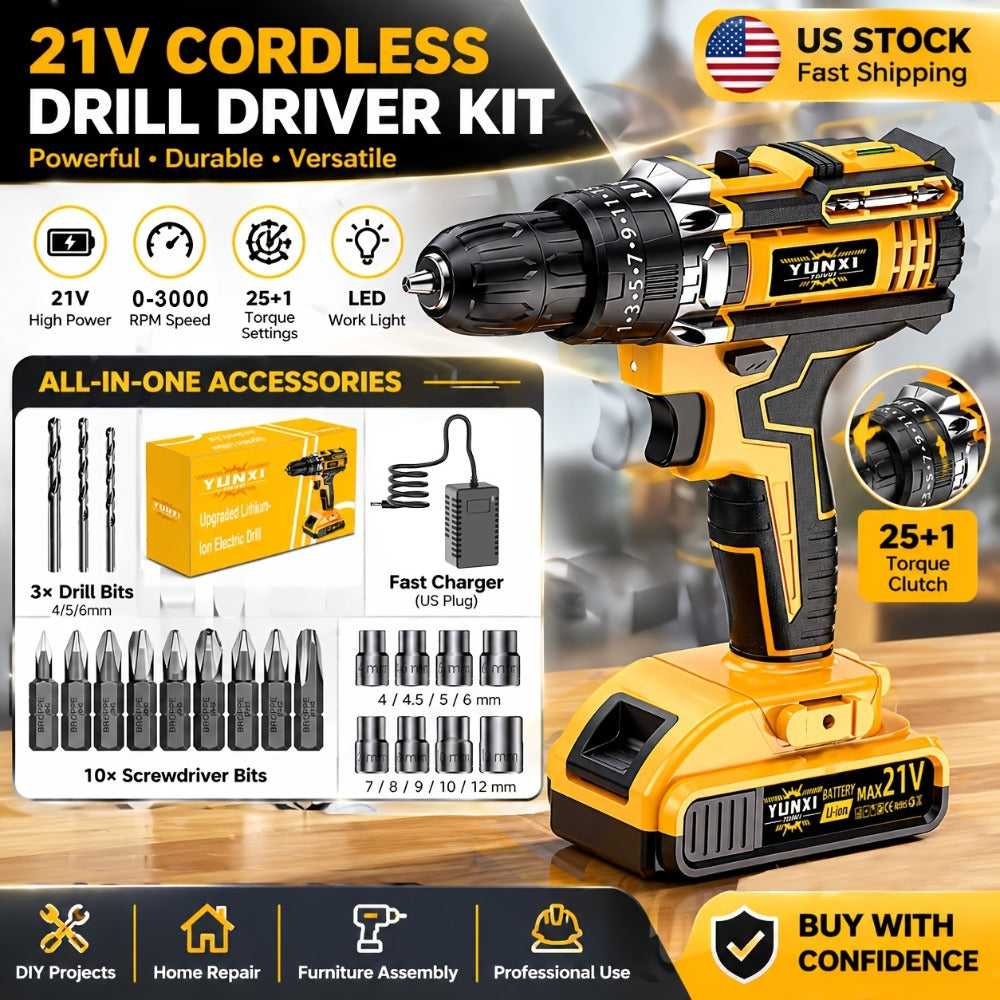 Cordless Impact Drill Set 21V, Electric Power Drill with 2.0Ah Battery, Fast Charger, Screwdriver Bits