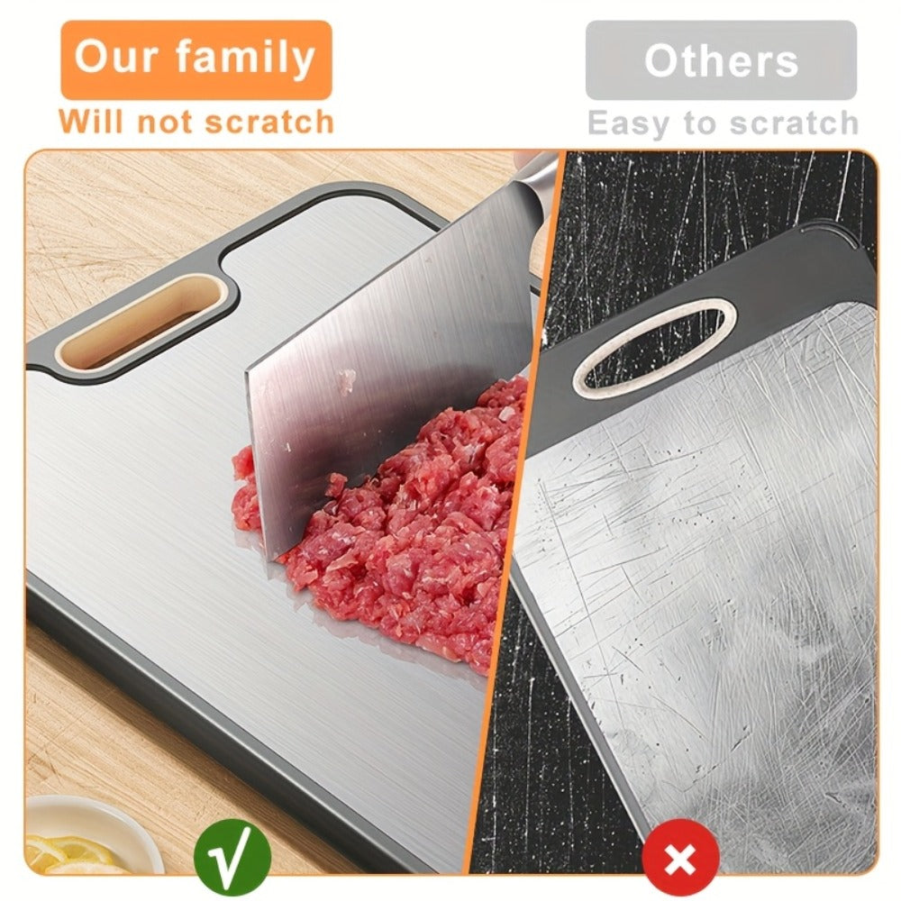 Double-Sided Cutting Board with Stainless-Steel and Wheat-Straw PP Faces, Handle and 16 x 11-Inch Size