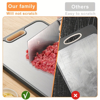 Double-Sided Cutting Board with Stainless-Steel and Wheat-Straw PP Faces, Handle and 16 x 11-Inch Size