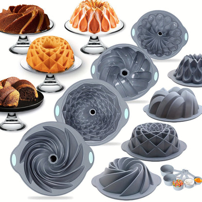 Silicone Bundt Cake Pan Set 9-Piece, Nonstick Fluted Hollow Cake Molds in Crown Nest Spiral Braided Shapes