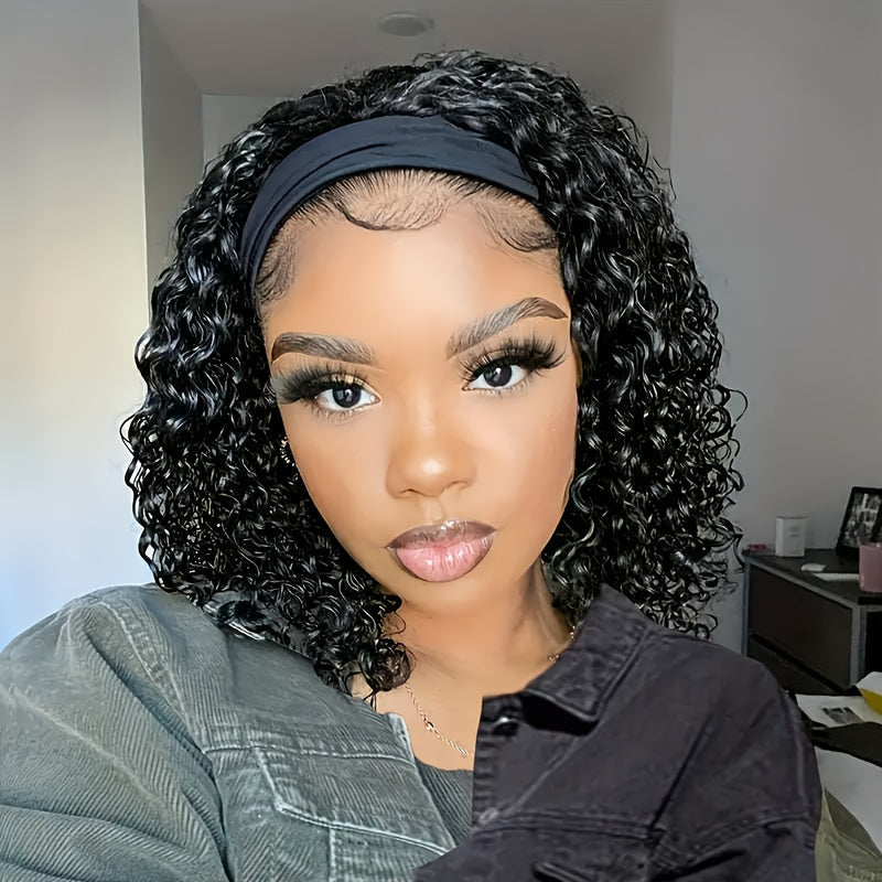 Headband Wig Curly Wavy for Women Black Synthetic Glueless No Lace – Elastic Cap Heat Resistant Beginner Friendly for Daily Wear Party