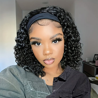 Headband Wig Curly Wavy for Women Black Synthetic Glueless No Lace – Elastic Cap Heat Resistant Beginner Friendly for Daily Wear Party