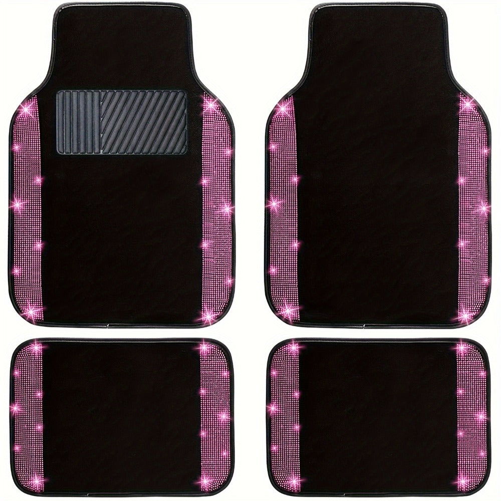 Rhinestone-Border Car Floor Mats, Four-Piece Black Carpet Set with Seven Accent Color Options