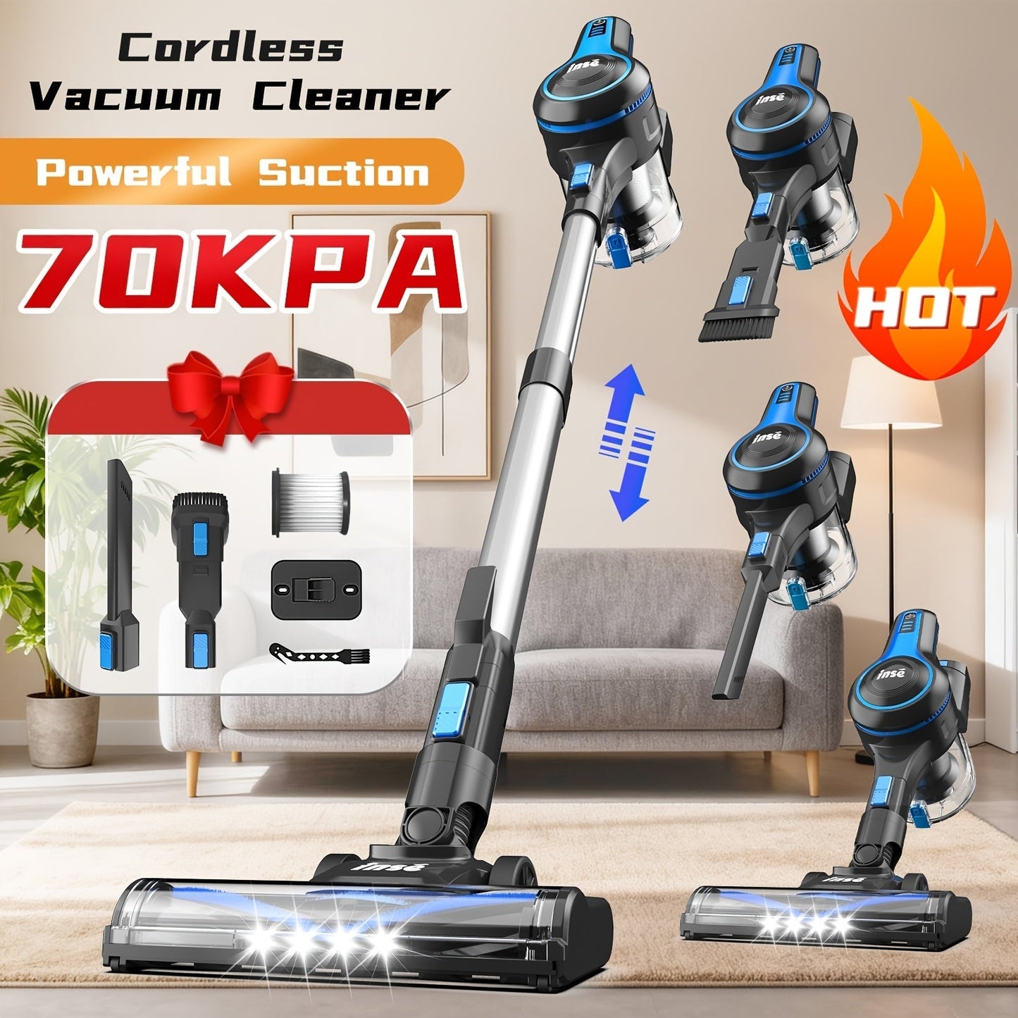 Stick and Handheld Vacuum Cleaner with LED Floor Head, Six Cordless Colors or Black Wired Model
