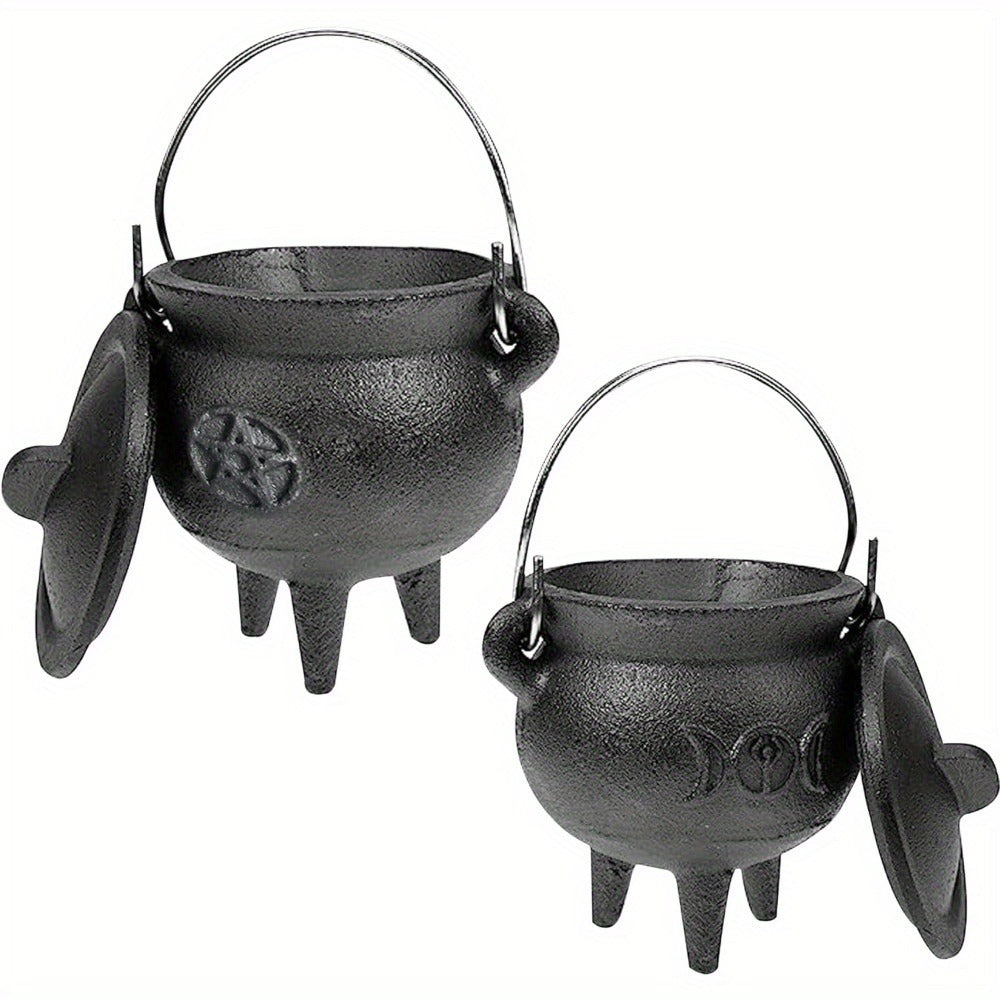 Cast Iron Cauldron with Lid & Handle, Witchcraft Incense Burner, Spell Ritual Pot, Halloween Decor