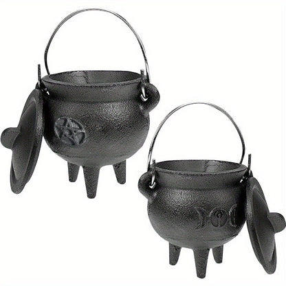 Cast Iron Cauldron with Lid & Handle, Witchcraft Incense Burner, Spell Ritual Pot, Halloween Decor