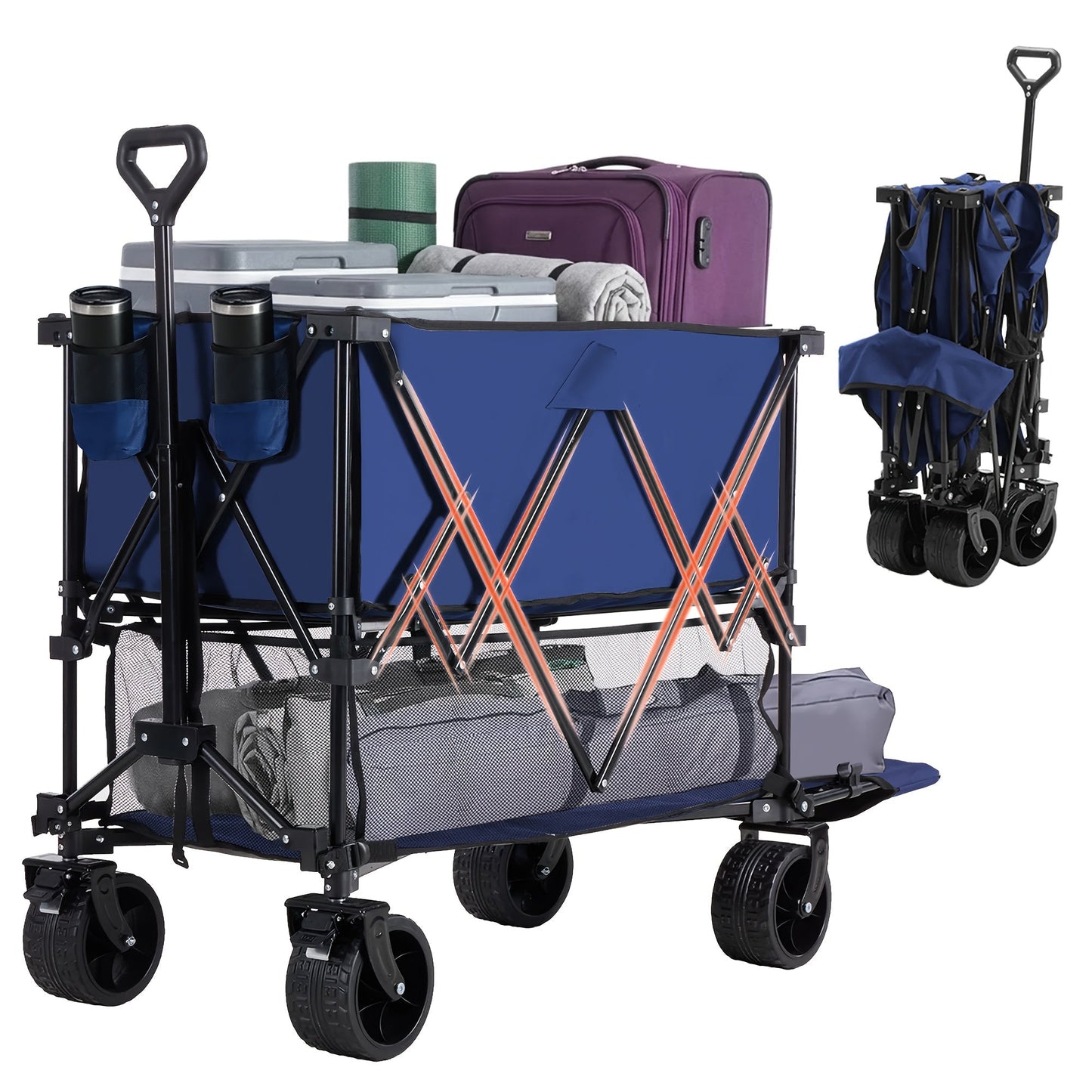 Folding Wagon Cart Double Decker 400L Collapsible Outdoor Utility Cart 54in Extended Shelf Wheels
