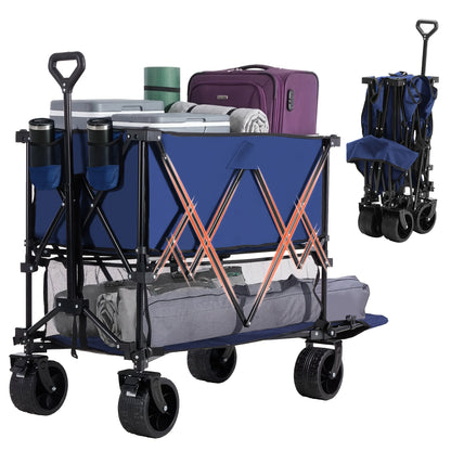 Folding Wagon Cart Double Decker 400L Collapsible Outdoor Utility Cart 54in Extended Shelf Wheels