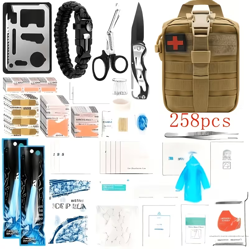 Outdoor Survival Gear Set 11/13/258-Piece – Professional Emergency Kit with Fire Starter & Compass | Multi-Tool Outdoor Equipment