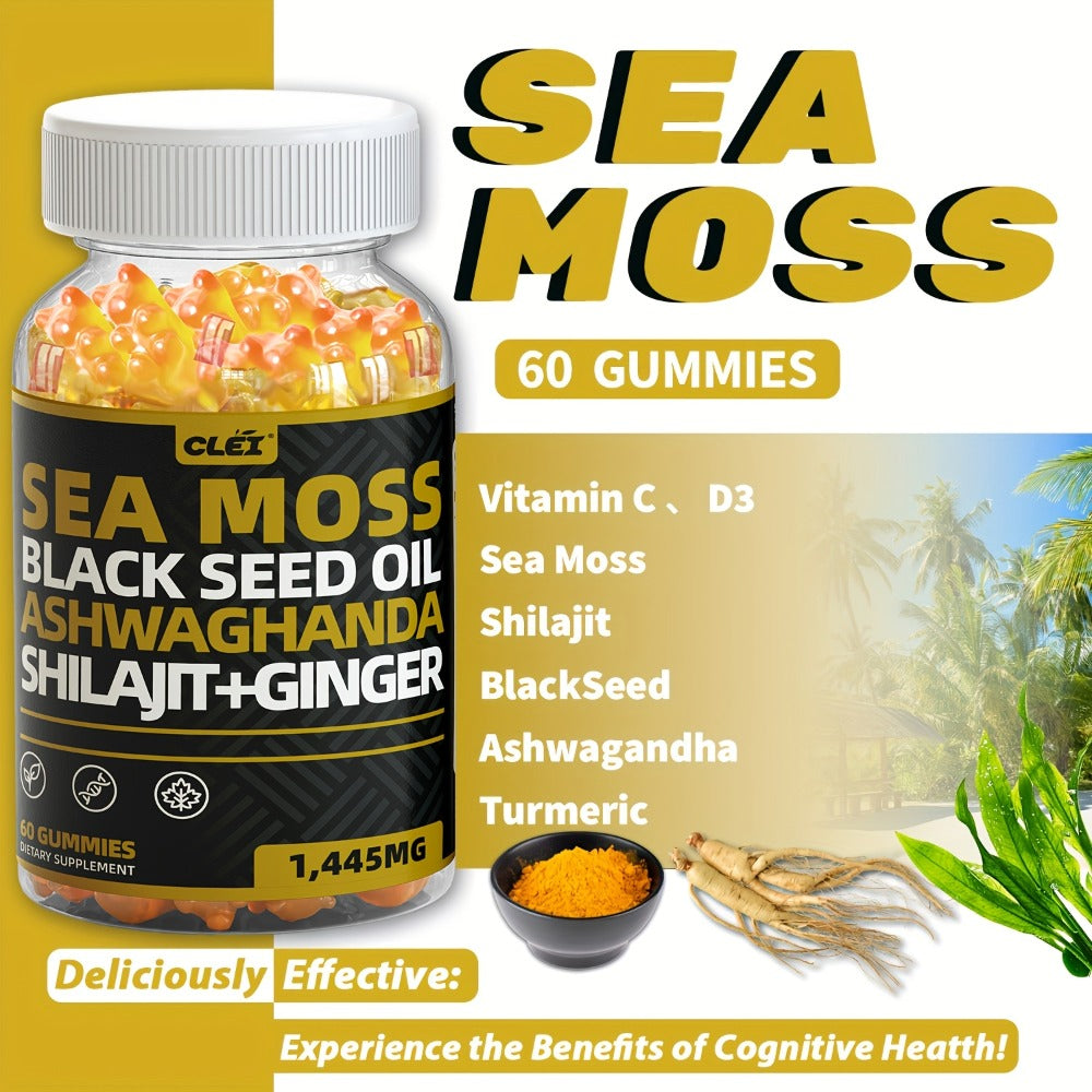 Immune Support Gummies with Sea Moss 1445mg, 10-in-1 Superfood Blend with Black Seed Oil, Ashwagandha
