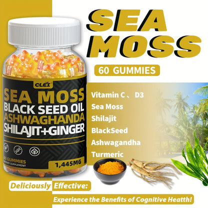 Immune Support Gummies with Sea Moss 1445mg, 10-in-1 Superfood Blend with Black Seed Oil, Ashwagandha