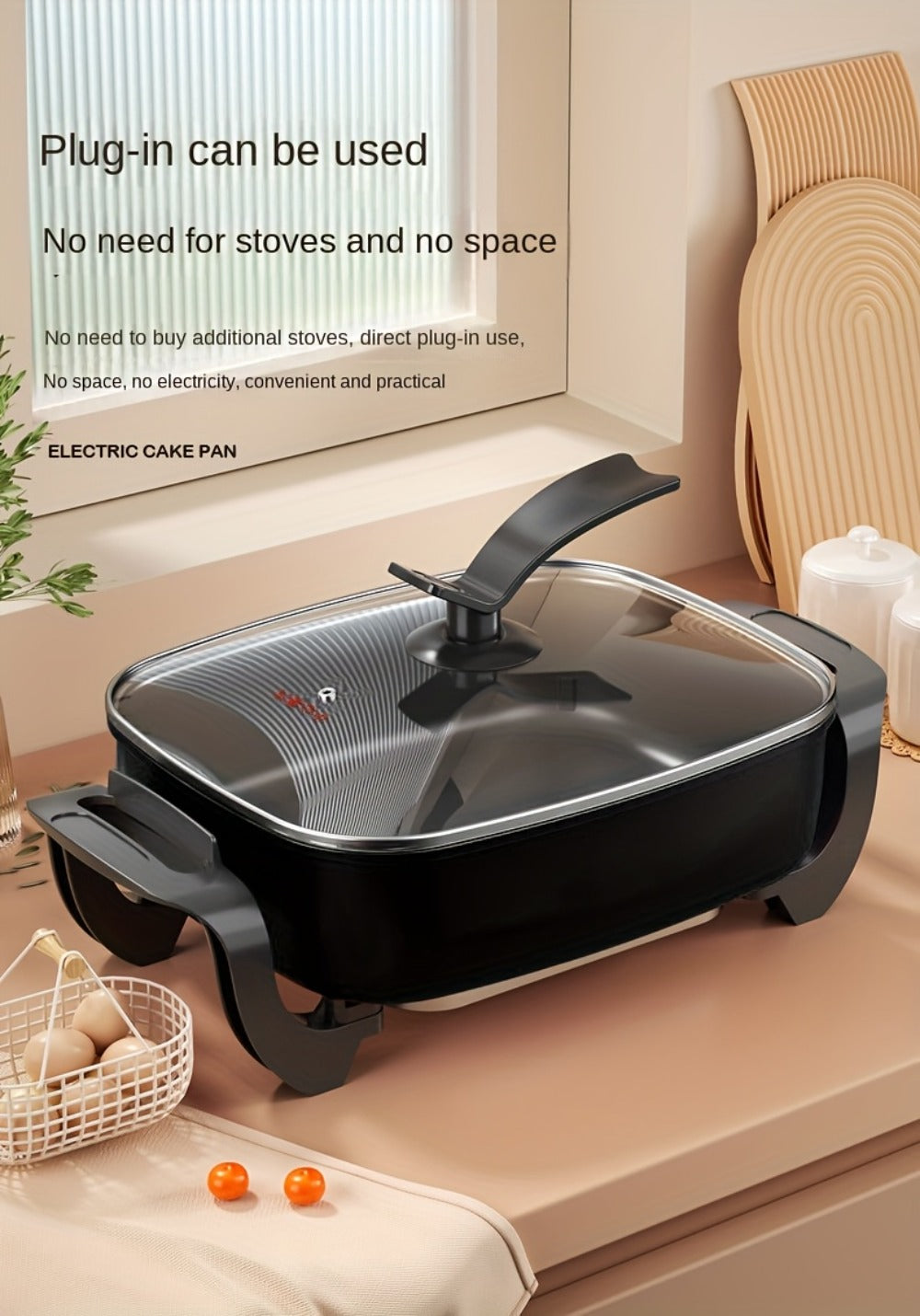 Electric Ceramic Non-Stick Pot 12x12 Inch 1500W Square Skillet with Glass Lid Adjustable for Home Cooking, Dining and Outdoor Meals