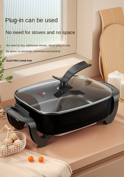 Electric Ceramic Non-Stick Pot 12x12 Inch 1500W Square Skillet with Glass Lid Adjustable for Home Cooking, Dining and Outdoor Meals