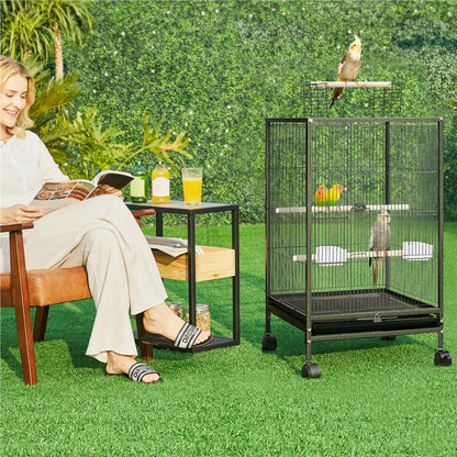 Bird Cage with Rolling Stand Open Top 31 Inch Wrought Iron Black – Slide Out Tray Feeder Doors, for Everyday Bird and Small Animal Care