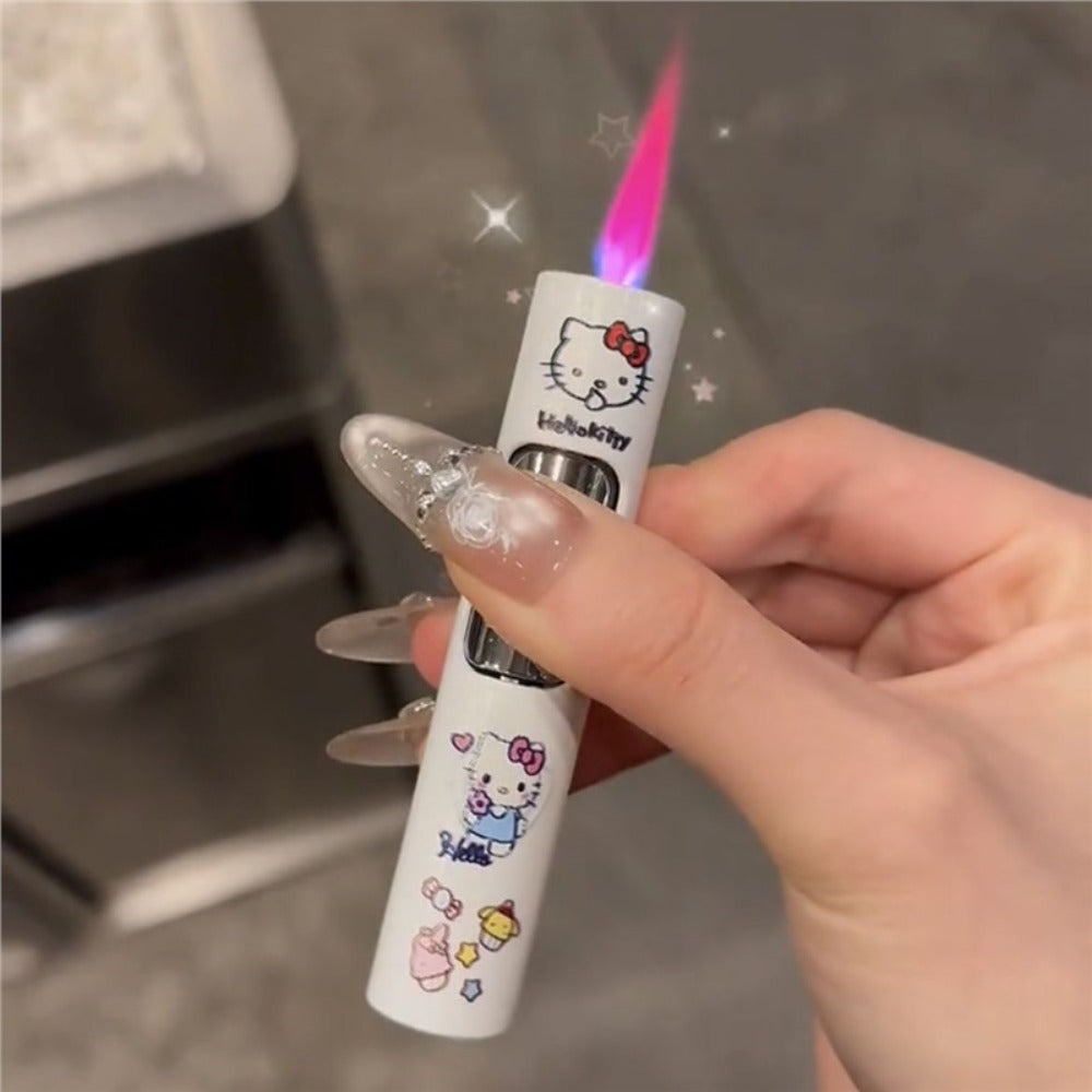Kawaii Windproof Lighter Sanrio Kuromi Hello Kitty Pink Flame Cylindrical Lighter Luminous for Entryways, Bedrooms and Living Spaces