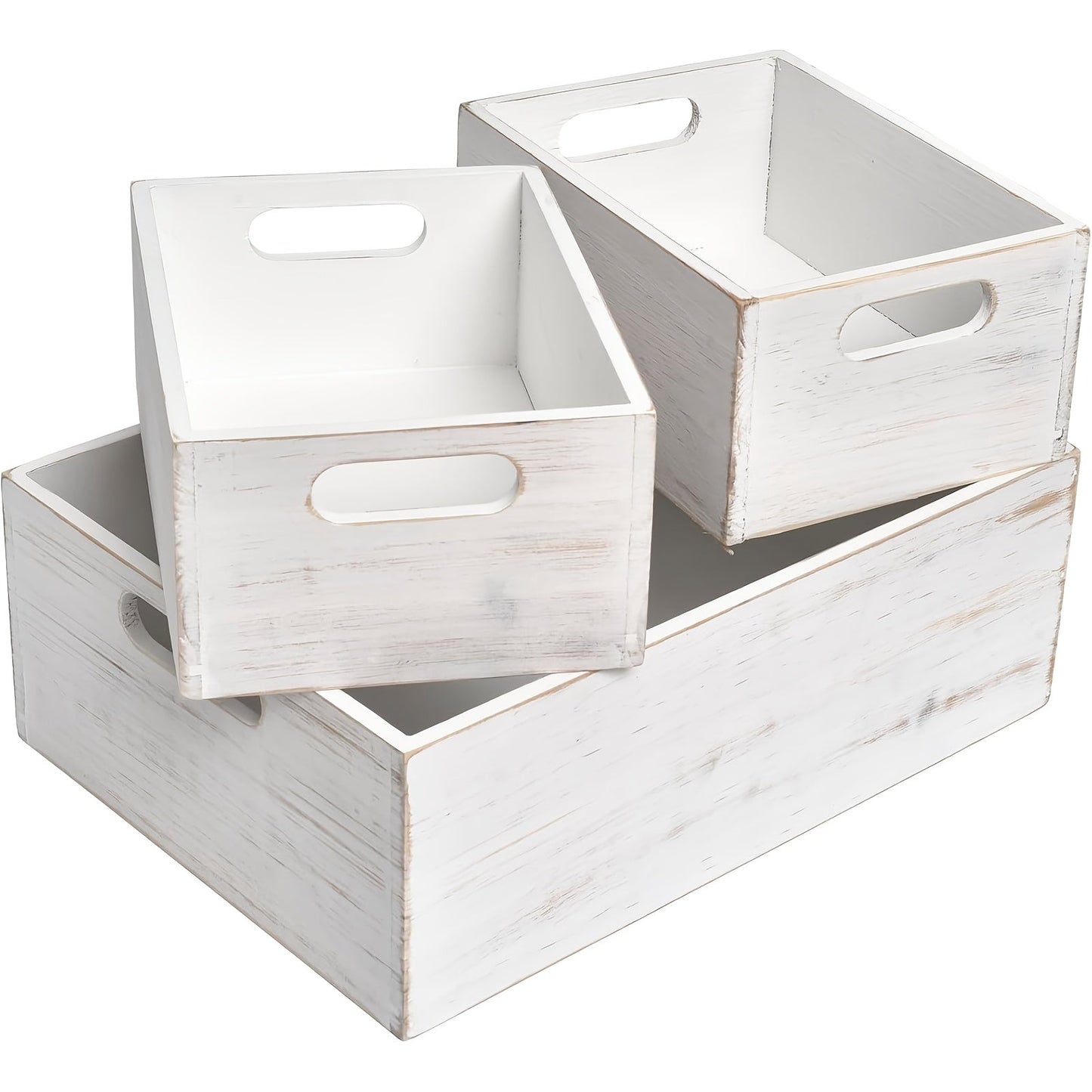 Wooden Crates with Handles Set of 3, Rustic Farmhouse Storage Boxes for Pantry, Shelf, Closet, Arts & Crafts