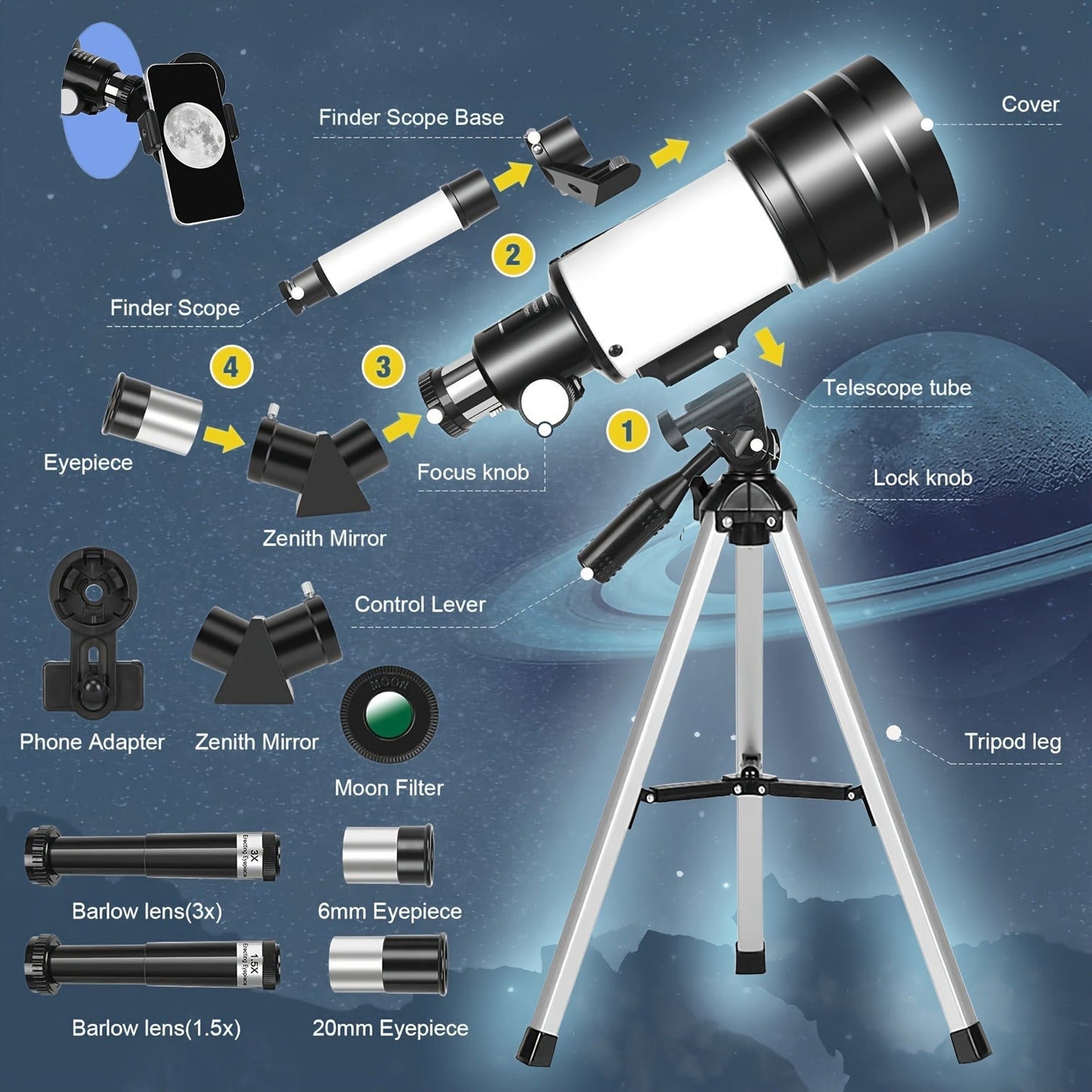 70 mm Refractor Telescope Kit with Five Color Labels, Tripod, Phone Holder and Two Eyepieces