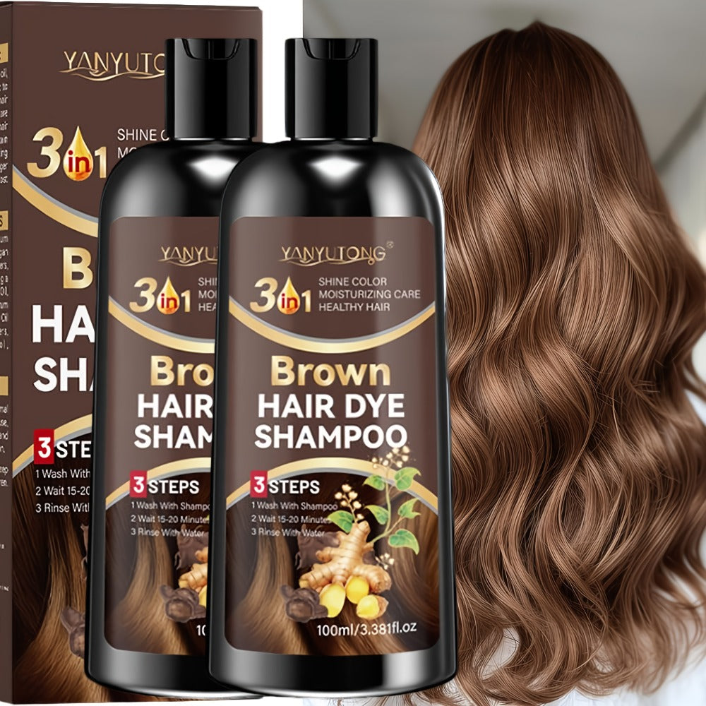 Hair Color Shampoo, YANYUTONG Brown Two-Bottle Set with 3.38oz in Each Labeled Pump Bottle