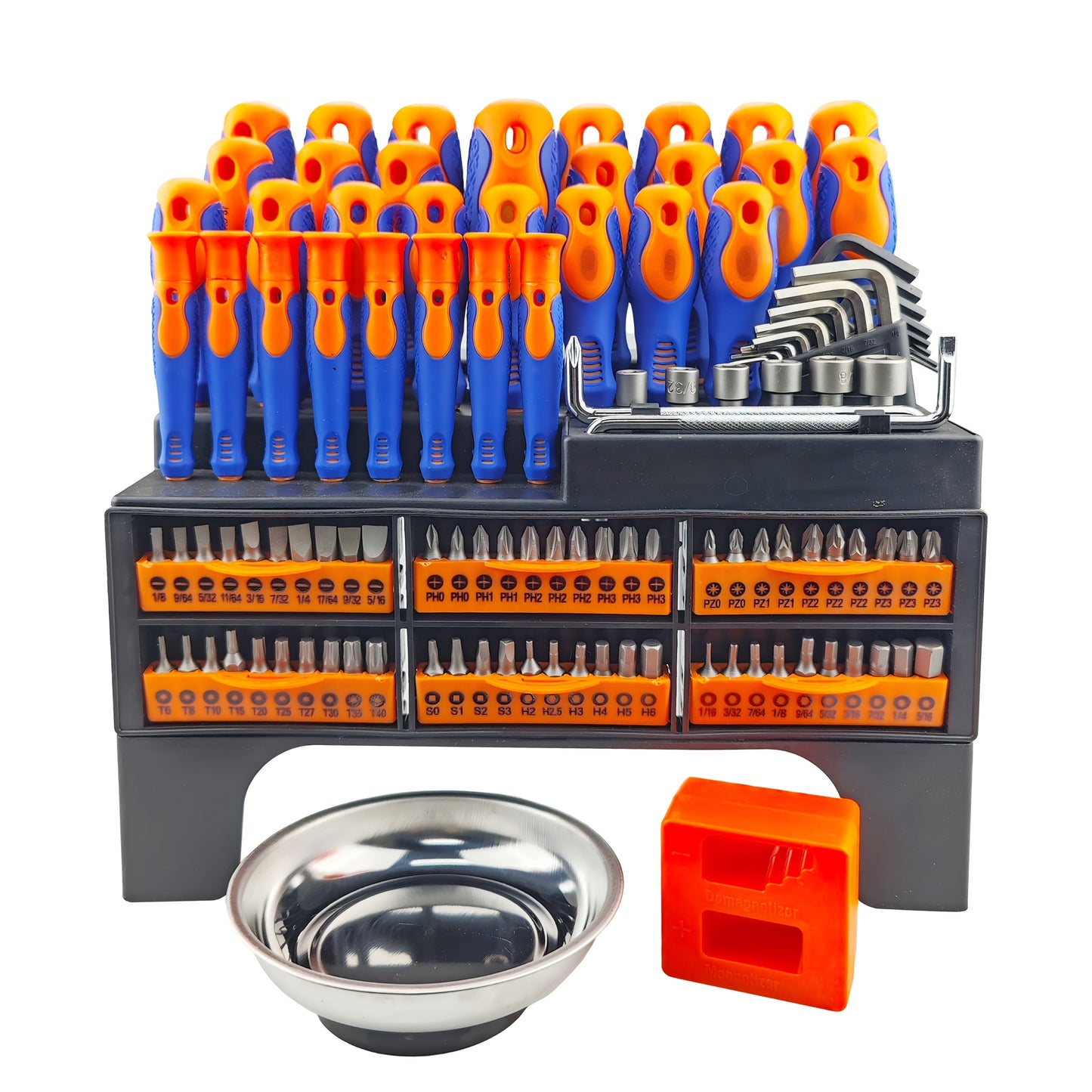 Screwdriver Organizer Set with 69- or 118-Piece Rack Configurations in Green, Red or Orange and Blue